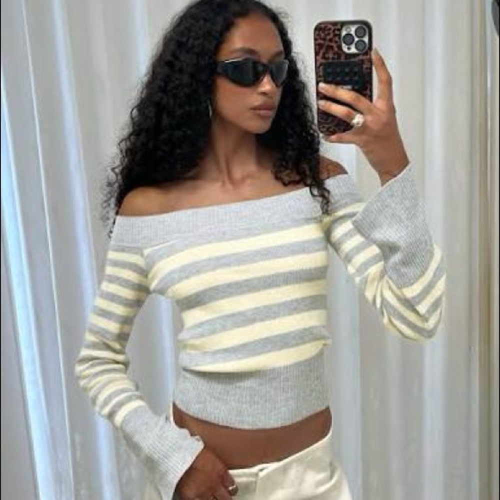 Princess Poly Perrey Long Sleeve Off Shoulder Top Knit Yellow / Grey Stripe